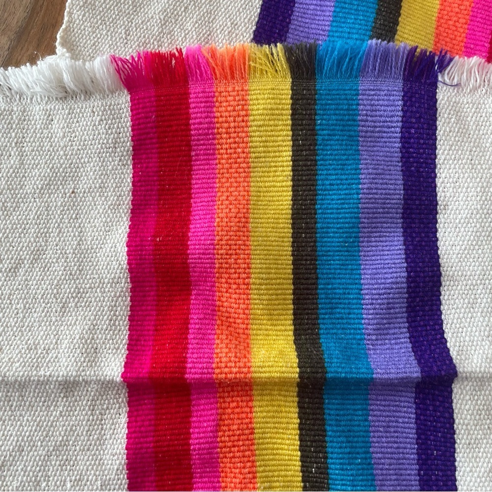 Striped Rainbow Fringe Edge Placemat Square Corners Set of 4 Picnic Retro Bright - Picture 2 of 13